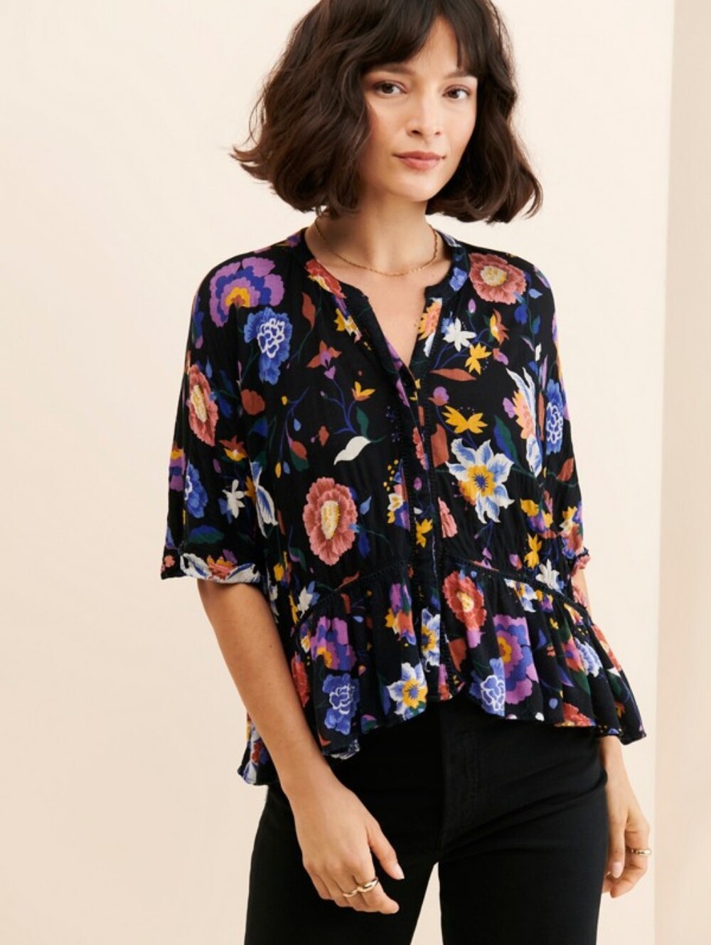 **Anthropologie Black Multicolor Floral Peplum Blouse Size Medium**